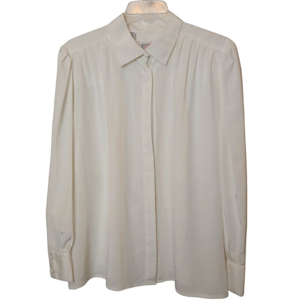 VTG Josephine Woman Ivory Button Blouse 22W  Pleated Shoulders Satin Career #I-9